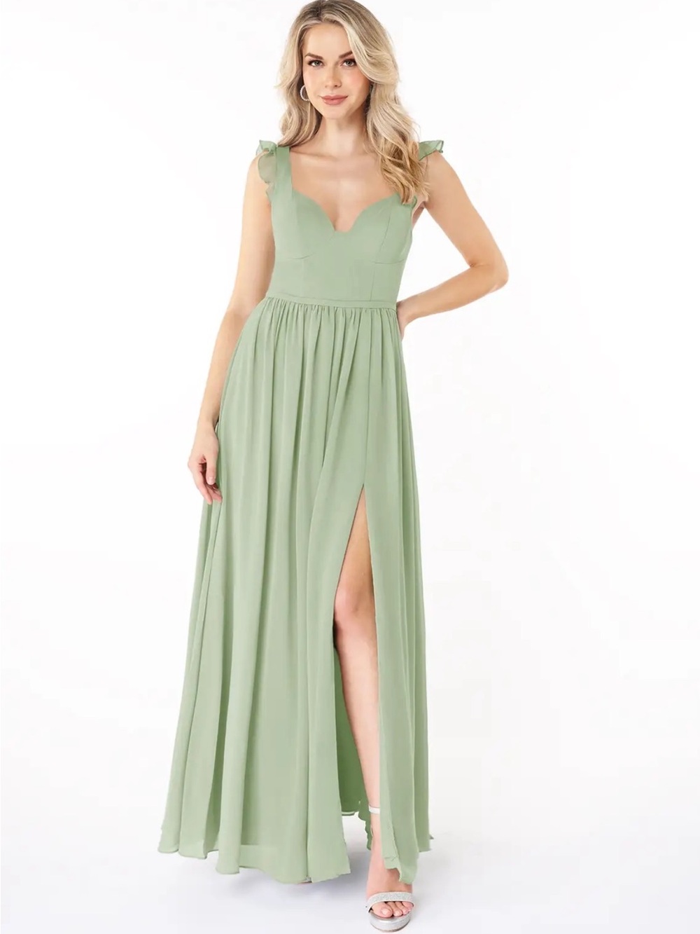 Azazie Dusty Sage Green Ruffle Strap Dress